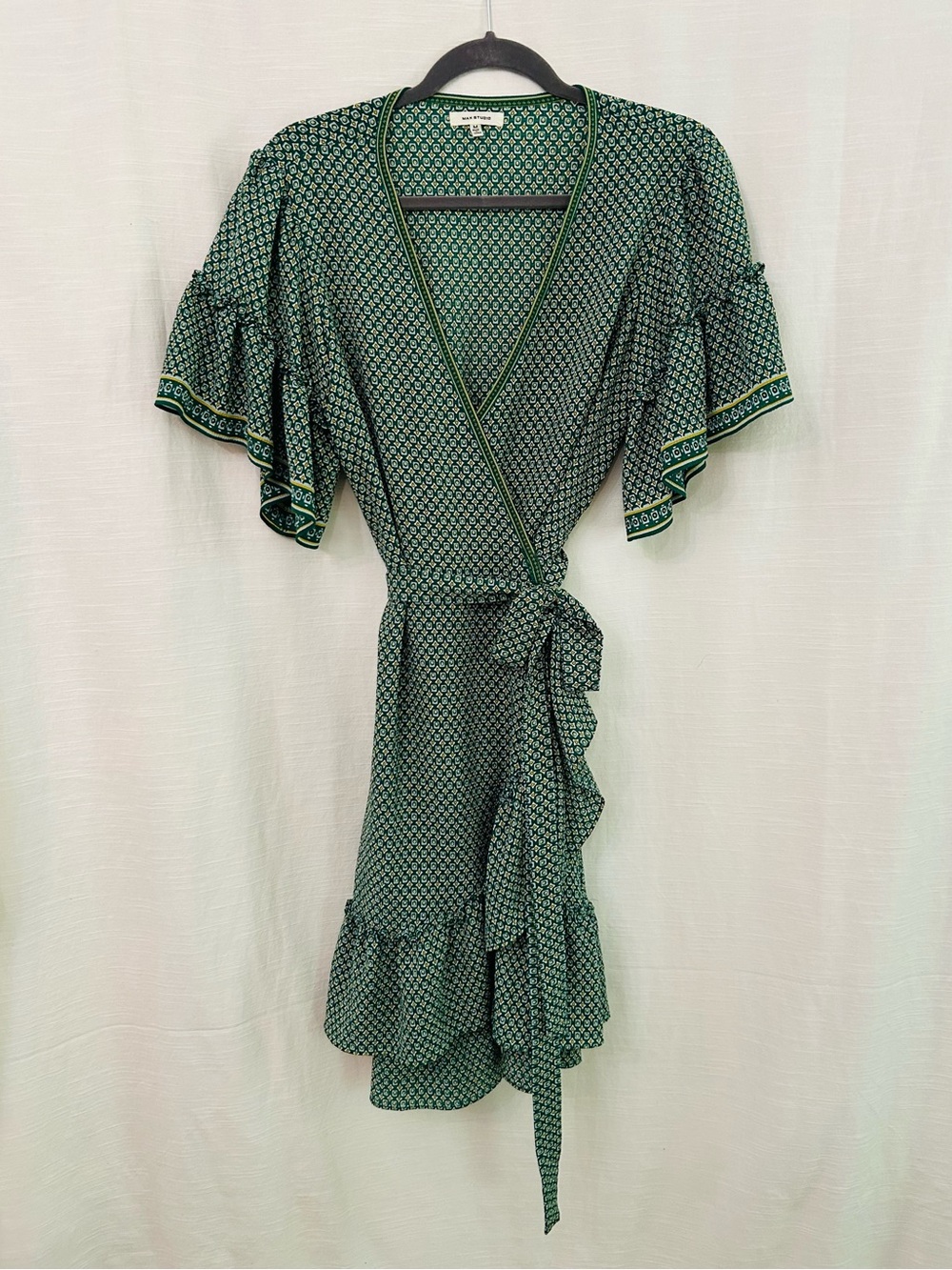 Max Studio Green Geometric Floral Printed Boho Wrap Dress with Ruffle Hem